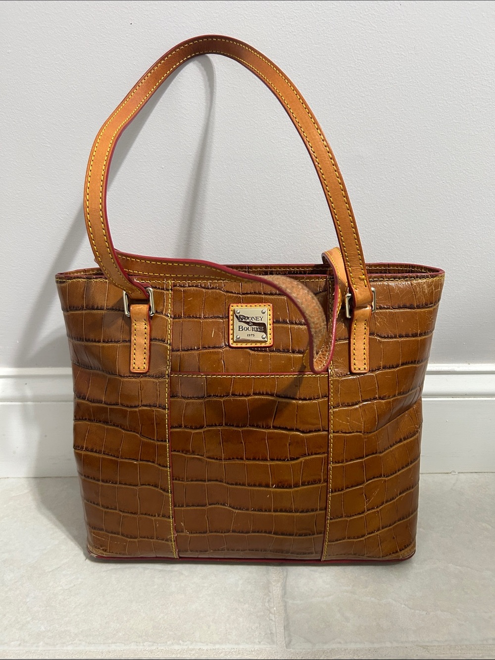 Dooney & Bourke Croc-Embossed Cognac Leather Tote with red interior